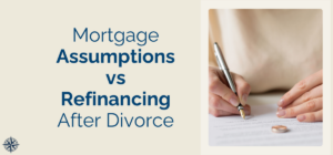 Texas woman comparing mortgage assumption vs refinancing documents at desk after divorce settlement
