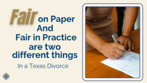 Texas woman signing fair equity buyout in Texas divorce