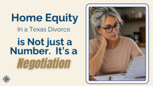 Texas woman reviewing home equity calculation and divorce settlement documents at desk