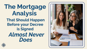 Texas woman reviewing mortgage analysis documents with CDLP before signing divorce decree to protect financing options