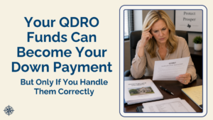 Texas woman reviewing QDRO down payment funds for her home purchase documents, planning to use retirement funds as a down payment after divorce