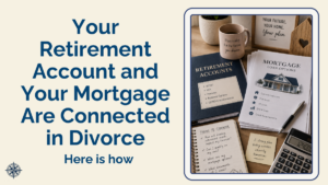 Woman with retirement account statements and mortgage documents side by side, evaluating how divorce retirement assets affect her mortgage and home financing options
