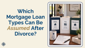 Three loan folders labeled FHA, VA, and Conventional representing the different loans assumed after divorce options available to Texas homeowners