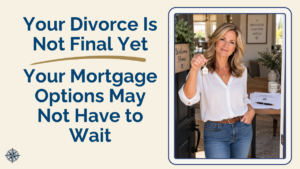 A Texas woman standing in the doorway of a new home holding house keys, mortgage before divorce is final paperwork visible on the table behind her