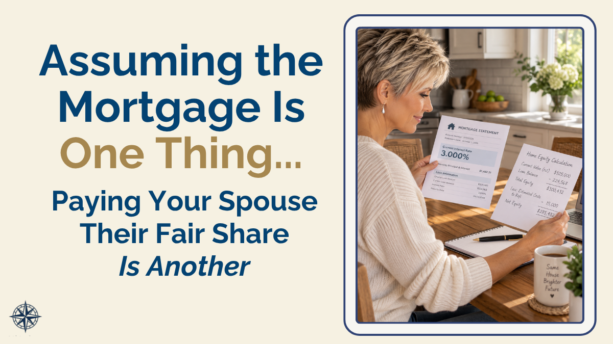 A Texas woman at a kitchen table with a mortgage statement showing a low interest rate beside a handwritten equity calculation — working through an equity buyout when assuming the mortgage afte divorce.